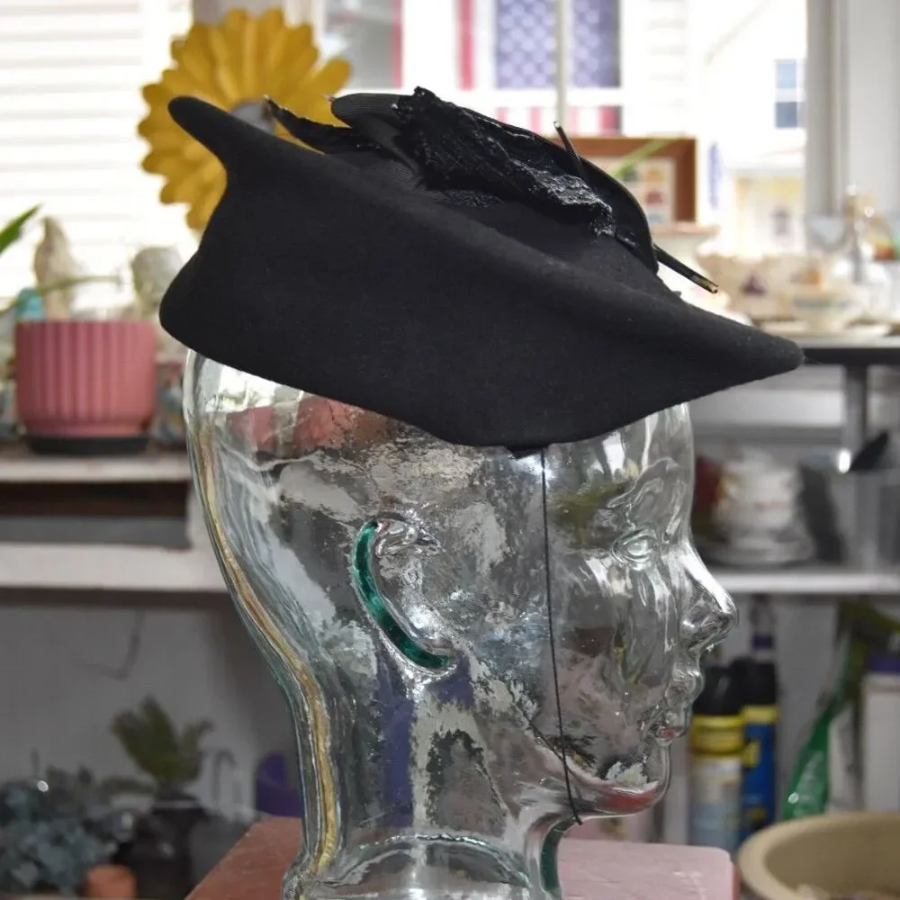 Vintage 1940s Glenover Henry Pollak Black Wool Tilt Hat Leaves Hatpins
